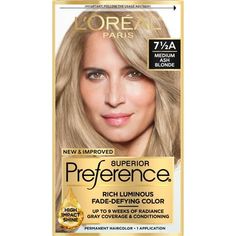 L'Oreal Paris Superior Preference Permanent Hair Color, 7.5A Medium Ash Blonde, Experience preference is our true gold standard of beautiful color and shine. Preference's superior fade-defying color and shine system create a rich long-lasting color spectrum with luminosity, shine, and beautiful gray coverage. Luminous color shines from every strand and defies fade-out for up to 8 beautiful weeks. Plus, our color protective care supreme conditioner formulated with golden camelina oil, anti-oxidant vitamin E and UV filter helps keep first-day color vibrancy and provides silky, resilient hair. From root to tip, color won't fade-out, and turn dull or brassy. Size: 1.  Color: Beige. Golden Ash Blonde Hair, Medium Ash Blonde Hair Color, Medium Ash Blonde Hair, Camelina Oil, Ash Blonde Hair Color, Medium Ash Blonde, Ash Blonde Hair Colour, Temporary Hair Dye, Covering Gray Hair