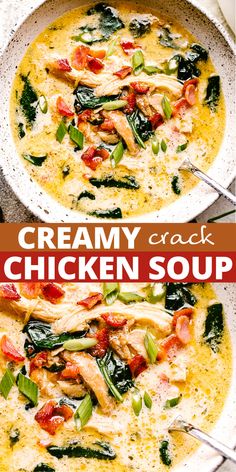 two bowls of creamy chicken soup with spinach and tomatoes