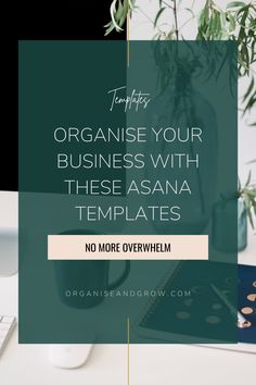 an office desk with a plant on it and the words organize your business with these asana templates