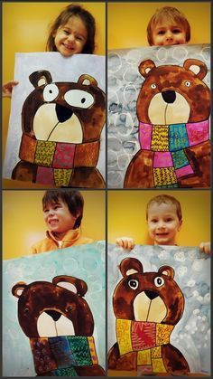 four pictures of children holding up teddy bears with their faces painted in different colors and shapes