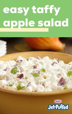 an apple salad in a bowl with the words easy taffy apple salad on it