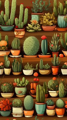 many different kinds of cactuses and succulents are arranged on the shelves