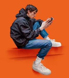 a painting of a young man sitting on the ground looking at his cell phone while wearing a hoodie