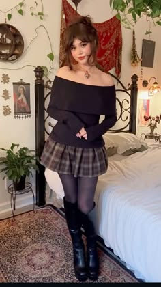 Boots And Skirts Outfits Autumn, Thanksgiving Outfit Alt, Plade Skirt Outfit Women, Wedding Guest Outfit Alternative, Kibbe Romantic Skirts, Emo Thanksgiving Outfit, Winter Plaid Skirt Outfit, Aesthetic Outfits Feminine, Dresses In Winter How To Wear