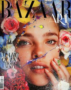 the cover of bazaar art magazine with a woman's face and flowers on her head