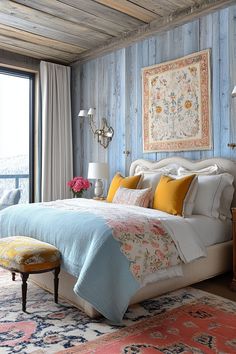 a bedroom with blue walls and wood paneling