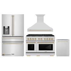 a white kitchen with gold trimmings and an oven, range, refrigerator, dishwasher and stove