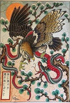 a painting with an eagle and snake on it