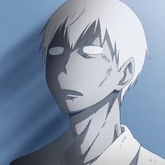 an anime character with white hair and black eyes looking at something in the distance on a blue sky background