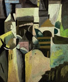 an abstract painting with buildings and trees in the background