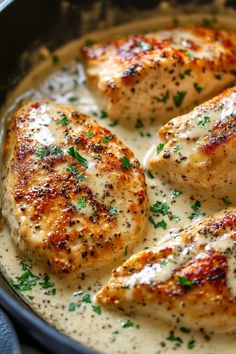 some chicken is cooking in a skillet with white sauce and parsley on top