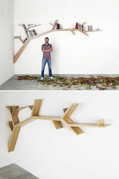 two photographs of a man standing in front of a book shelf with books on it