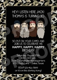 an image of a birthday party with camo background and text that reads hey listen here jack thomas is turning 10