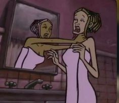 an animated image of a woman brushing her teeth in front of a mirror with the reflection of another woman