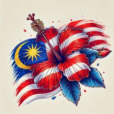 a flower with an malaysian flag design on it's petals and the moon in the center