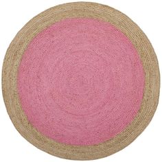 a round rug with pink and tan trim on the bottom, in front of a white background