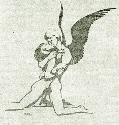 a drawing of an angel kneeling down with his arm around a woman's neck