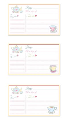 three blank note cards with teapots and cups on the front, one has writing paper