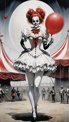 a painting of a clown holding a red balloon in front of a circus tent with people