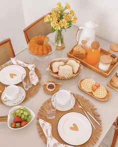 the table is set with breakfast foods and drinks