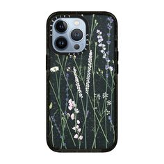 an iphone case with flowers painted on the front and back cover, in black background