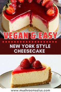 Indulge in a creamy and decadent Vegan New York Style Cheesecake that’s not only easy to make but also completely dairy-free! This plant-based dessert features a rich and velvety filling on a classic graham cracker crust, topped with a luscious strawberry glaze.