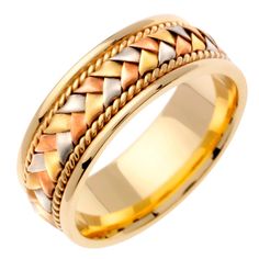 a gold wedding ring with braiding inlays on the inside and outside of it