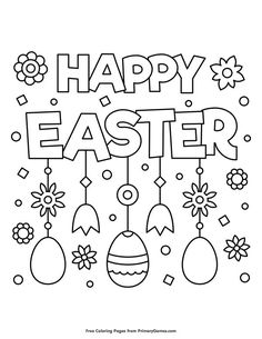 happy easter coloring page with eggs, flowers and stars in black and white ink on a white background