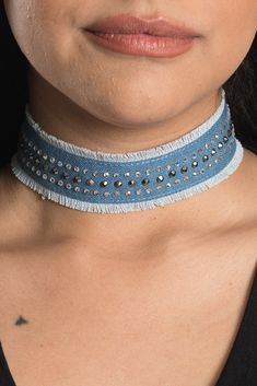 Bling Denim Choker Bling Denim, Pearl Locket, Denim Choker, Emerald Stud Earrings, Denim Earrings, Emerald Green Earrings, Earrings Emerald, Dainty Diamond Necklace, Denim Jewelry