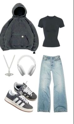 an outfit with headphones, sneakers and a hoodie is shown in this image