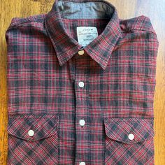 Never Worn Jcrew Flannel Workshirt Dowblw Pocket 100% Cotton. Classic Crew Neck Shirt For Winter, Classic Crew Neck Shirt For Fall, Collared Red Flannel Shirt For Work, Red Collared Flannel Shirt For Work, Casual Short Sleeve Flannel Shirt For Fall, Red Flannel Long Sleeve Top, Classic Short Sleeve Winter Shirt, Red Flannel Top For Fall, Red Crew Neck Shirt For Fall