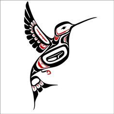 a black and white bird with red accents on it's wings flying in the air