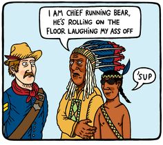 two men in native clothing are talking to each other and one has a speech bubble