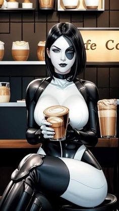 a woman dressed in black and white holding a cup of coffee sitting on top of a stool