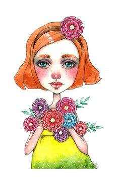 a drawing of a girl with red hair holding flowers in her hands and looking at the camera