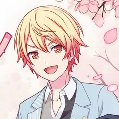 an anime character with blonde hair wearing a blue jacket and tie, standing in front of pink flowers