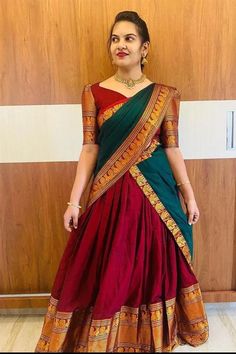 Best savings for Maroon half saree langa voni - Designerkloth Maroon Half Saree, South Indian Half Saree, Half Saree Blouse Designs, Green Half Saree, Indian Half Saree, Langa Voni Half Saree, Saree Combination, Elegant Cotton Dress, Half Saree Function