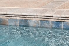 a dog sitting on the edge of a swimming pool