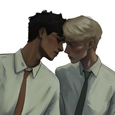 two young men wearing white shirts and ties, one is kissing the other's forehead