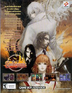 an advertisement for the video game castlevanie, featuring two women and one man