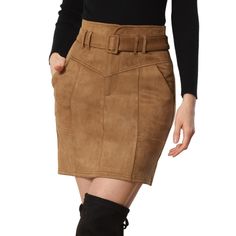 Looking for a stylish and versatile addition to your wardrobe? Check out this gorgeous faux suede mini skirt! Featuring a zip-up design, high waist, and belt detail, this skirt is both comfortable and fashionable. With pockets and a slightly stretchy fabric, it's practical too. The blooming high waist design of this skirt is perfect for accentuating your curves and highlighting your waistline. Dress it up with a dramatic blouse or sweater and heels for a chic and sophisticated look that's sure t Dramatic Blouse, Waistline Dress, Going Out Skirts, Skirts Brown, Faux Suede Skirt, Evening Skirts, Tan Skirt, Faux Suede Fabric, Suede Mini Skirt