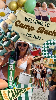 a collage of photos with the words camp beach and images of women in bathing suits