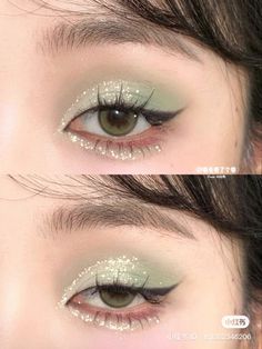 Nct Makeup Look, Dip Powder Nails Korean, Under Eye Rhinestone Makeup, Green Eye Makeup Korean, Green Eye Makeup Asian, Txt Eye Makeup, Fairycore Wedding Makeup, Eye Makeup Ideas For Green Eyes, Green Eyeshadow Douyin