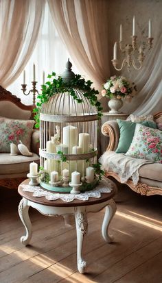 a birdcage filled with candles sitting on top of a table next to a couch