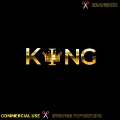 the king logo is shown on a black background with gold letters and scissors in front of it