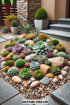 an assortment of succulents and rocks in front of a house