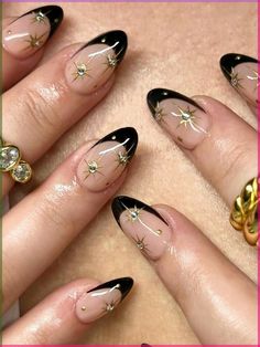 Nail Art Press On, French Tip Diamonds, Black 3d Nails, Black French Tip Almond Nails, Black Diamond Nails, French Black Nails, Black French Tip Acrylic Nails, Silver And Black Nails, Black Nails Almond