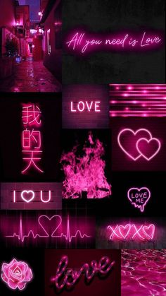 neon signs are displayed on the side of a building in pink and black colors, with words that spell out love