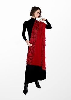 Crafted from a premium blend cashmere , this red scarf offers the perfect fusion of warmth and luxury. A vibrant masterpiece adorned with exquisite floral Gara embroidery and filigree lace panels on the long borders. The dual-colored black and red floral embroidery brings an elegant touch, reminiscent of nature's beauty, while the floral filigree lace enhances the scarf's delicate charm. The deep red color exudes a sense of passion making this scarf suitable for various occasions. Whether you ch Elegant Winter Festive Pashmina Shawl, Elegant Festive Scarves With Embroidered Border, Elegant Red Shawl Dupatta, Elegant Red Scarf For Festive Season, Elegant Red Embroidered Dupatta, Elegant Red Dupatta Shawl, Elegant Red Festive Scarf, Elegant Festive Winter Shawl, Elegant Winter Festive Shawl