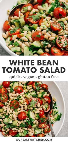 white bean salad with cucumber and tomatoes in a bowl